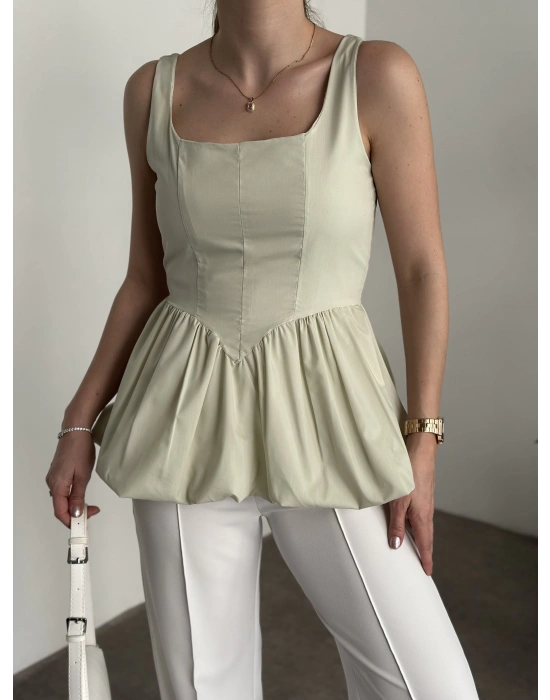 Belden oturtmalı balon etekli tasarim bluz yeşil