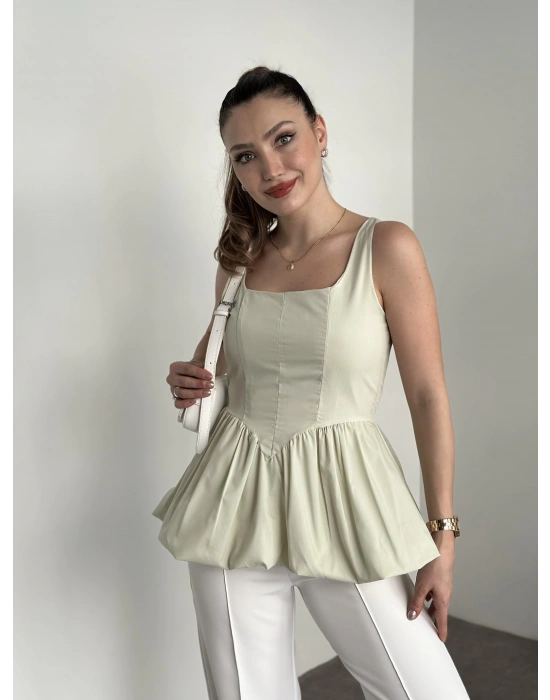 Belden oturtmalı balon etekli tasarim bluz yeşil