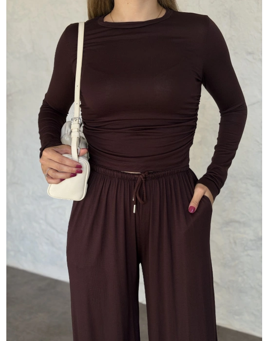 beli büzgülü paça lastikli basic takım kahve