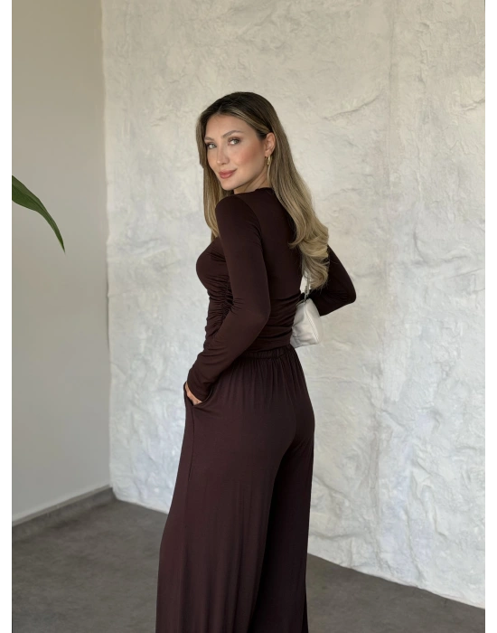 beli büzgülü paça lastikli basic takım kahve