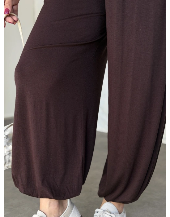 beli büzgülü paça lastikli basic takım kahve