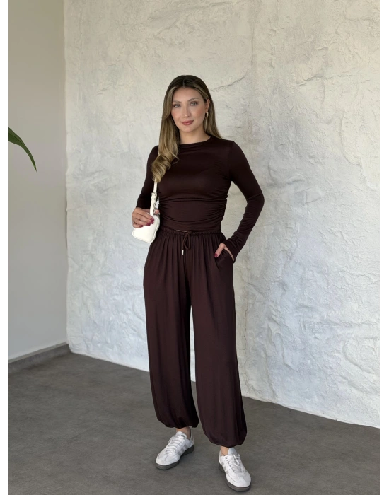 beli büzgülü paça lastikli basic takım kahve