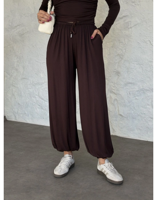 beli büzgülü paça lastikli basic takım kahve