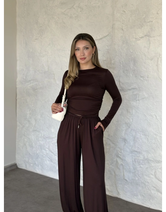beli büzgülü paça lastikli basic takım kahve