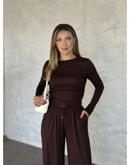 beli büzgülü paça lastikli basic takım kahve