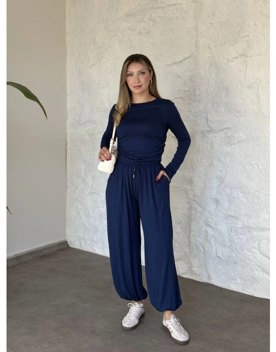 beli büzgülü paça lastikli basic takım lacivert