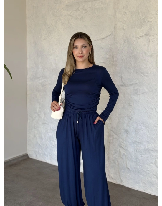 beli büzgülü paça lastikli basic takım lacivert