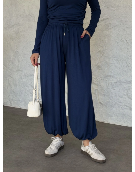 beli büzgülü paça lastikli basic takım lacivert