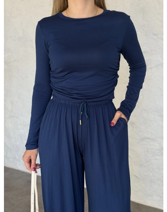 beli büzgülü paça lastikli basic takım lacivert