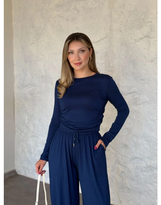 beli büzgülü paça lastikli basic takım lacivert