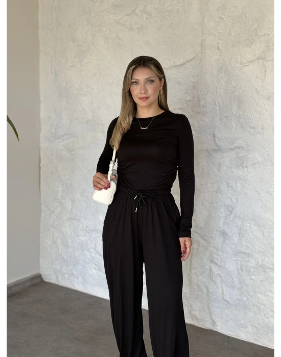 beli büzgülü paça lastikli basic takım siyah