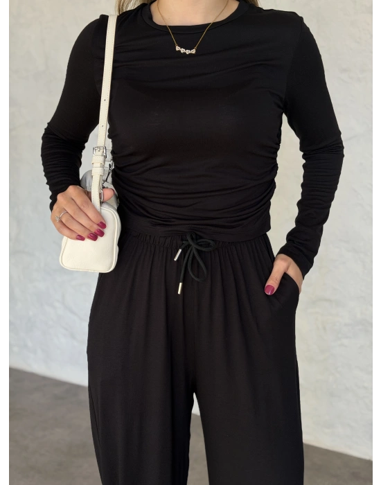 beli büzgülü paça lastikli basic takım siyah