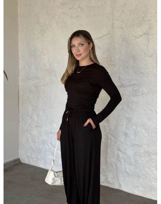 beli büzgülü paça lastikli basic takım siyah