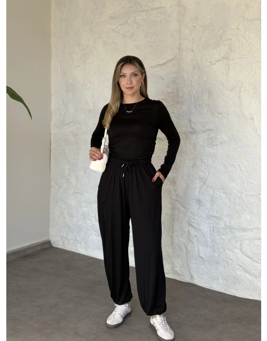 beli büzgülü paça lastikli basic takım siyah