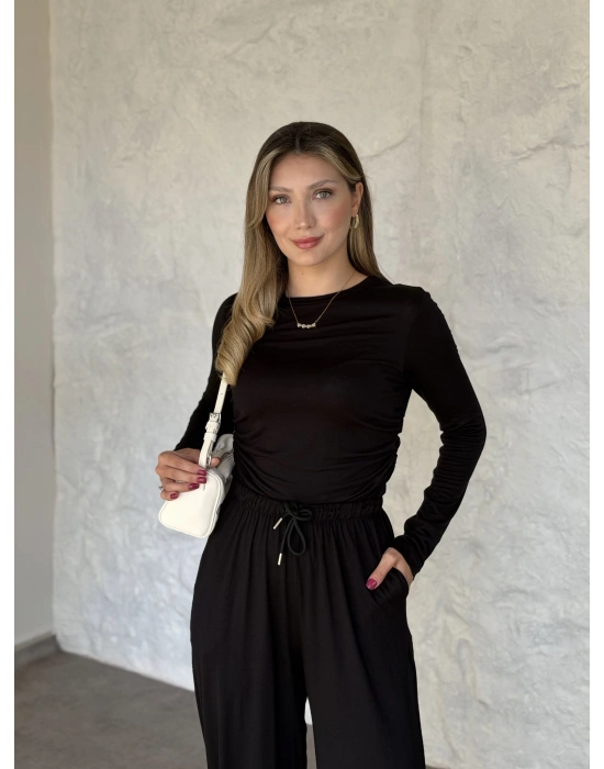 beli büzgülü paça lastikli basic takım siyah