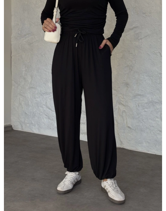 beli büzgülü paça lastikli basic takım siyah