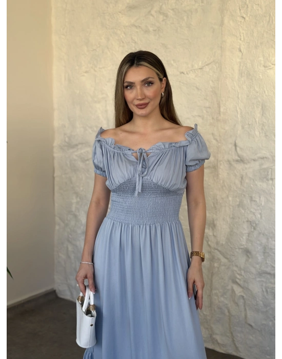 Beli gipeli madonna yaka önden bağlamalı elbise bebek mavisi