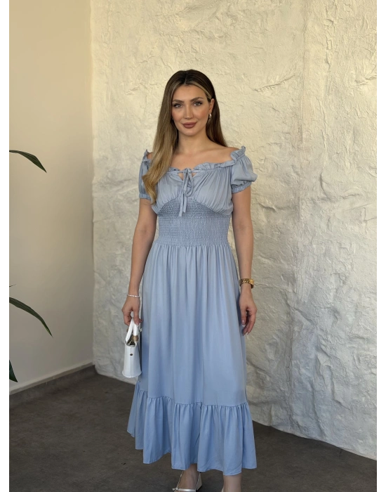 Beli gipeli madonna yaka önden bağlamalı elbise bebek mavisi