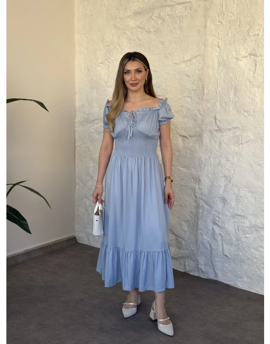 Beli gipeli madonna yaka önden bağlamalı elbise bebek mavisi