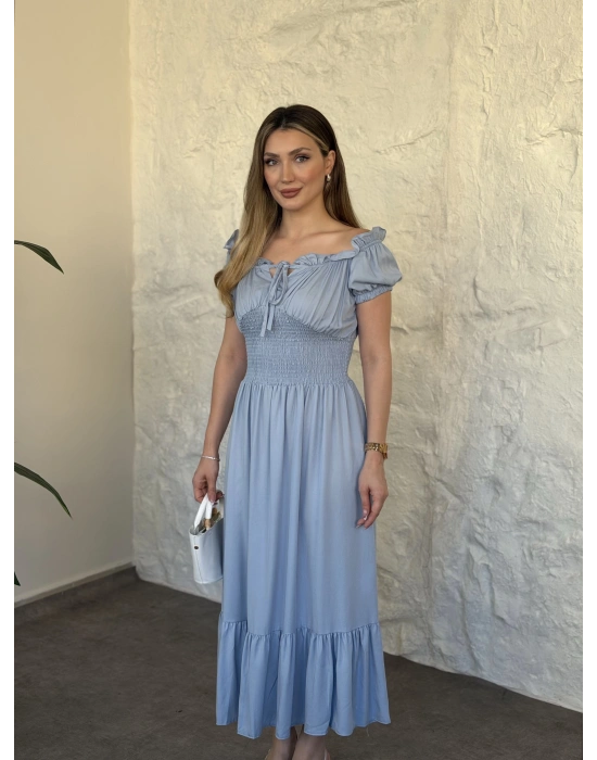 Beli gipeli madonna yaka önden bağlamalı elbise bebek mavisi