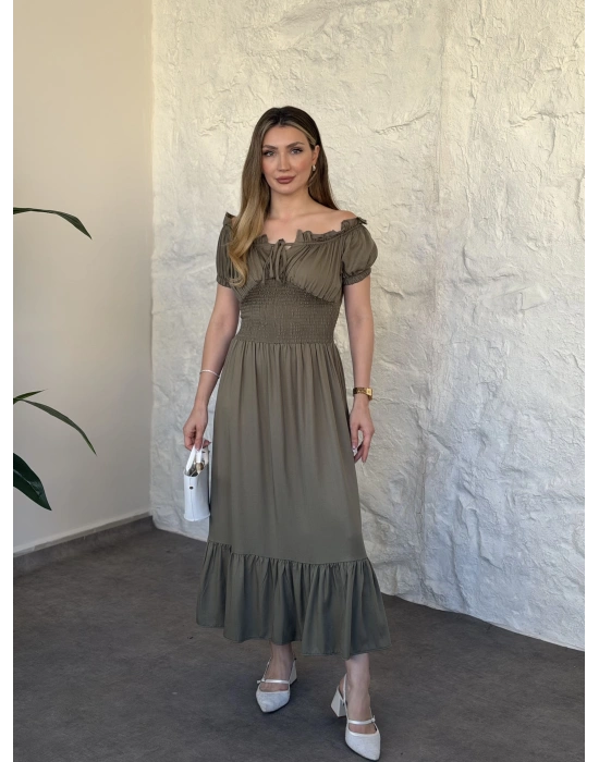 Beli gipeli madonna yaka önden bağlamalı elbise haki