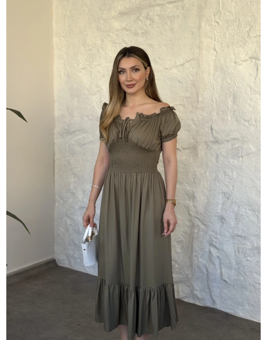 Beli gipeli madonna yaka önden bağlamalı elbise haki