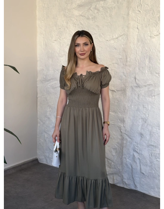 Beli gipeli madonna yaka önden bağlamalı elbise haki
