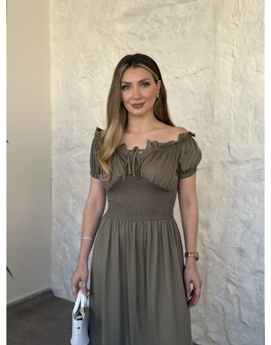 Beli gipeli madonna yaka önden bağlamalı elbise haki