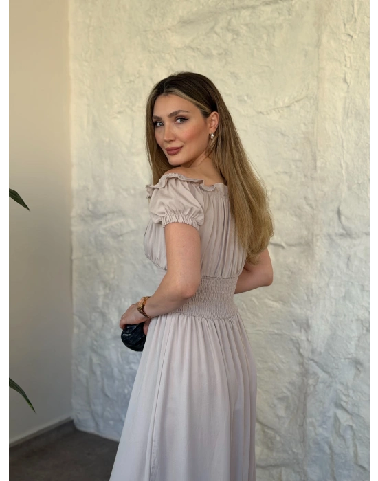 Beli gipeli madonna yaka önden bağlamalı elbise krem