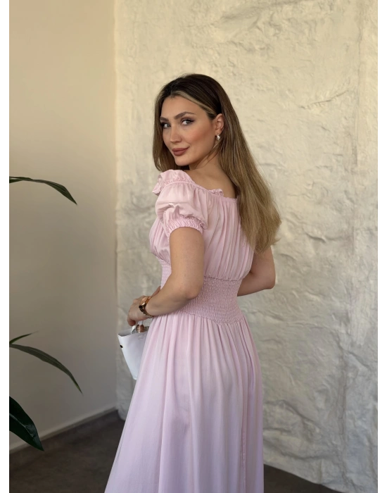 Beli gipeli madonna yaka önden bağlamalı elbise pembe