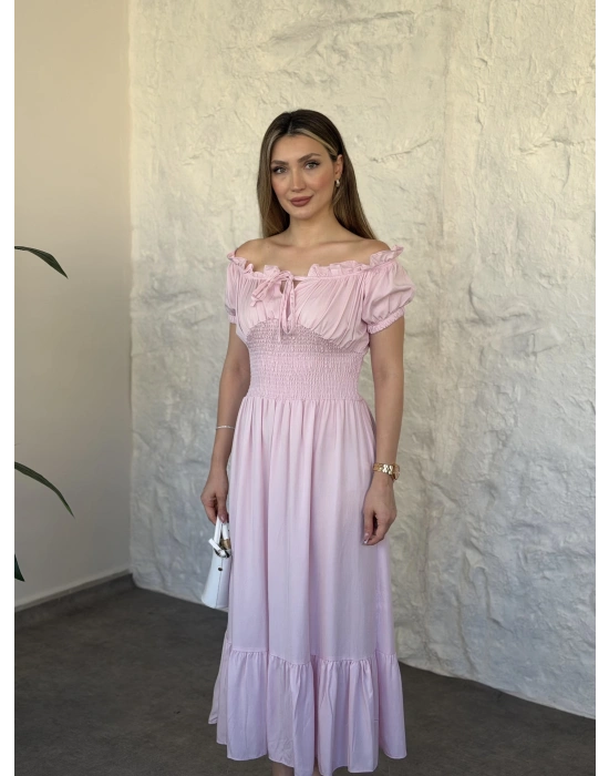 Beli gipeli madonna yaka önden bağlamalı elbise pembe