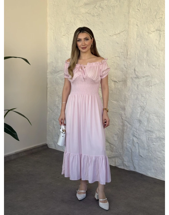 Beli gipeli madonna yaka önden bağlamalı elbise pembe