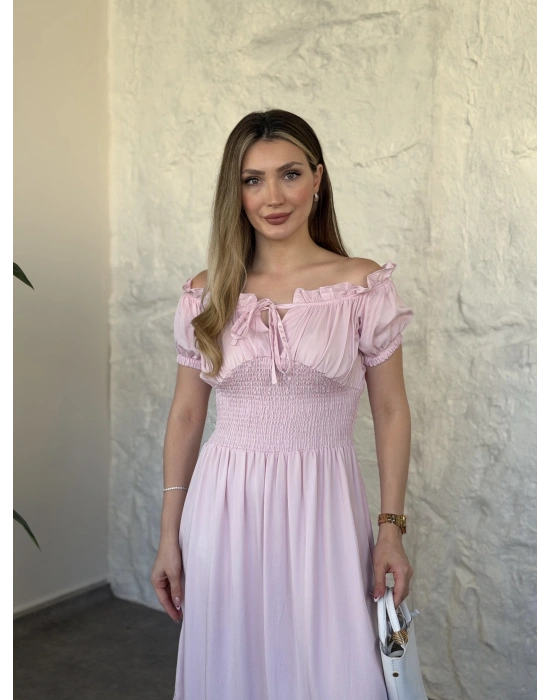 Beli gipeli madonna yaka önden bağlamalı elbise pembe