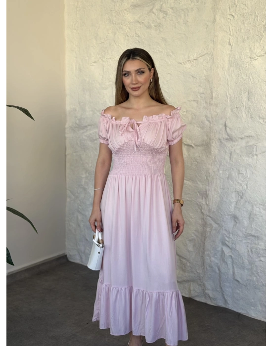 Beli gipeli madonna yaka önden bağlamalı elbise pembe