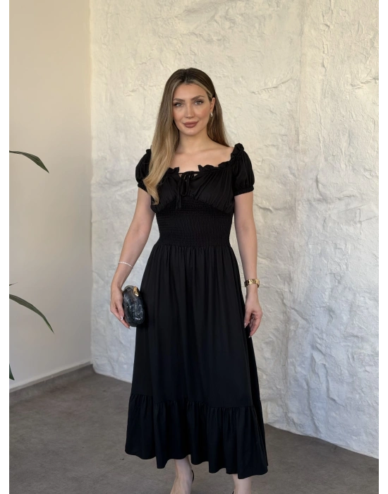 Beli gipeli madonna yaka önden bağlamalı elbise siyah