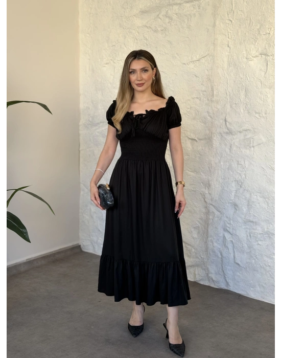 Beli gipeli madonna yaka önden bağlamalı elbise siyah