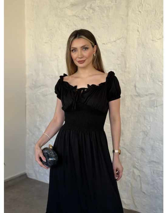 Beli gipeli madonna yaka önden bağlamalı elbise siyah