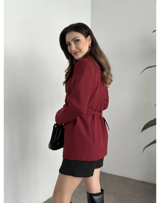 Beli kemer detaylı blazer ceket bordo