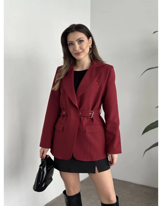 Beli kemer detaylı blazer ceket bordo
