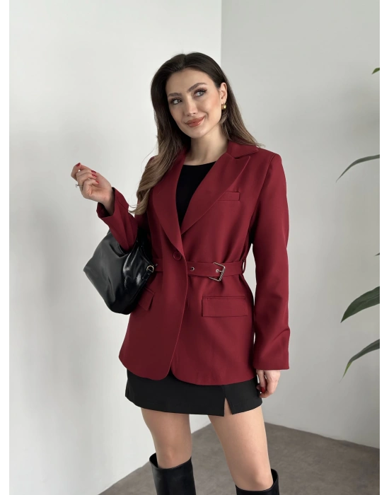 Beli kemer detaylı blazer ceket bordo