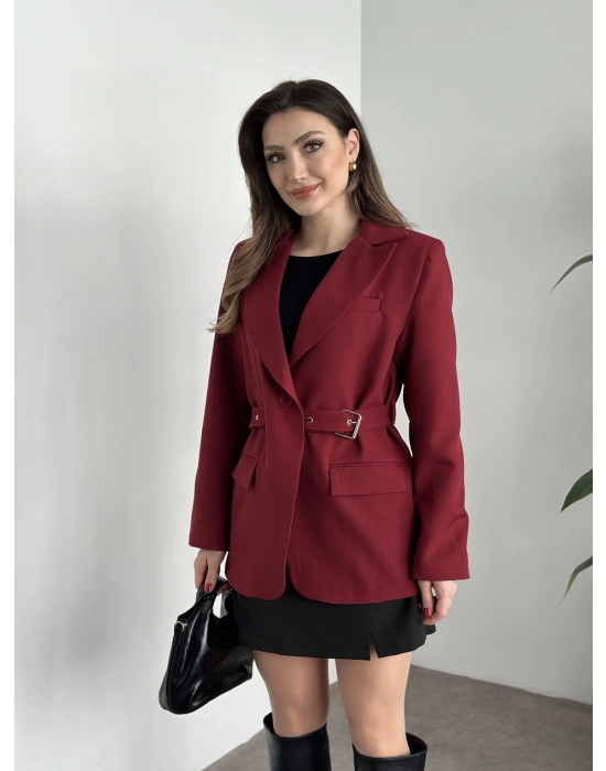 Beli kemer detaylı blazer ceket bordo