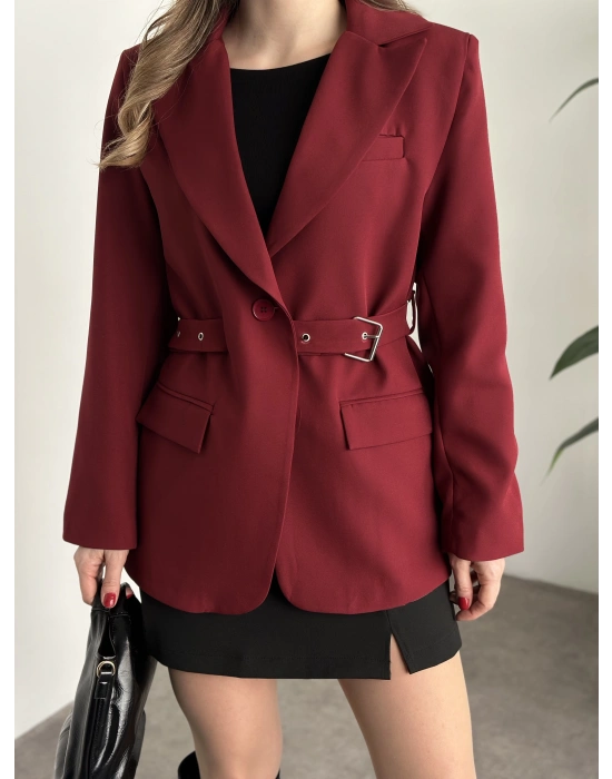 Beli kemer detaylı blazer ceket bordo