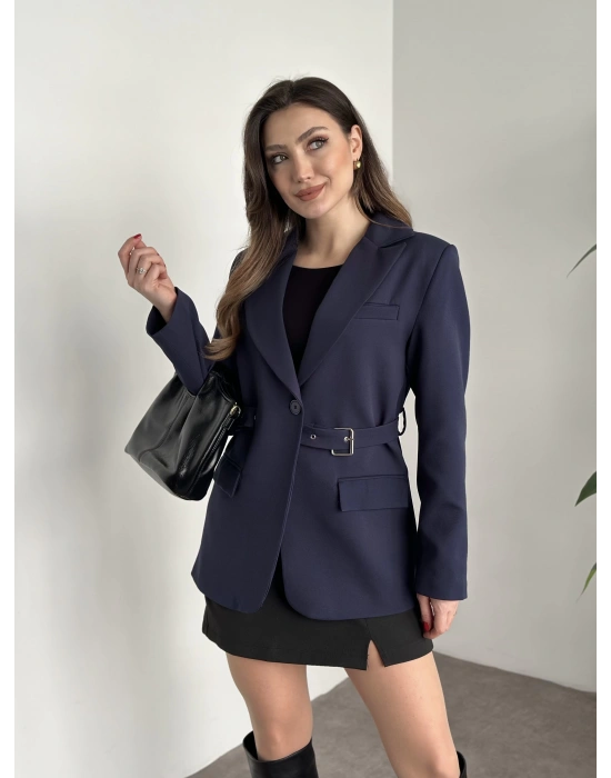 Beli kemer detaylı blazer ceket lacivert