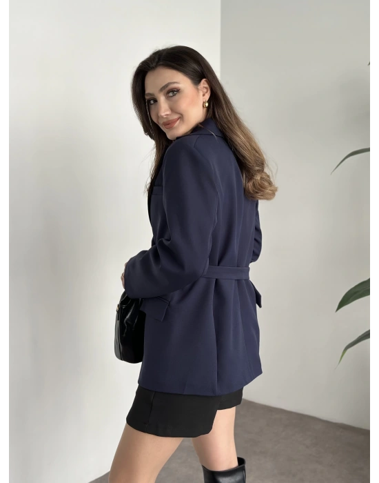 Beli kemer detaylı blazer ceket lacivert