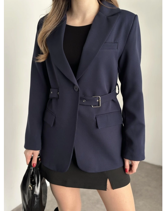 Beli kemer detaylı blazer ceket lacivert