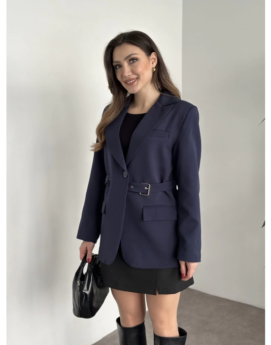 Beli kemer detaylı blazer ceket lacivert