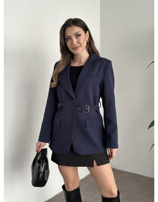 Beli kemer detaylı blazer ceket lacivert