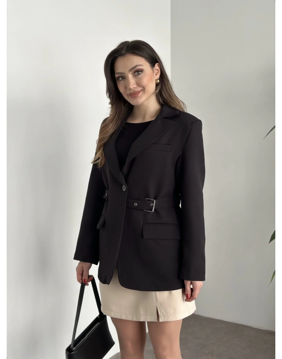 Beli kemer detaylı blazer ceket siyah
