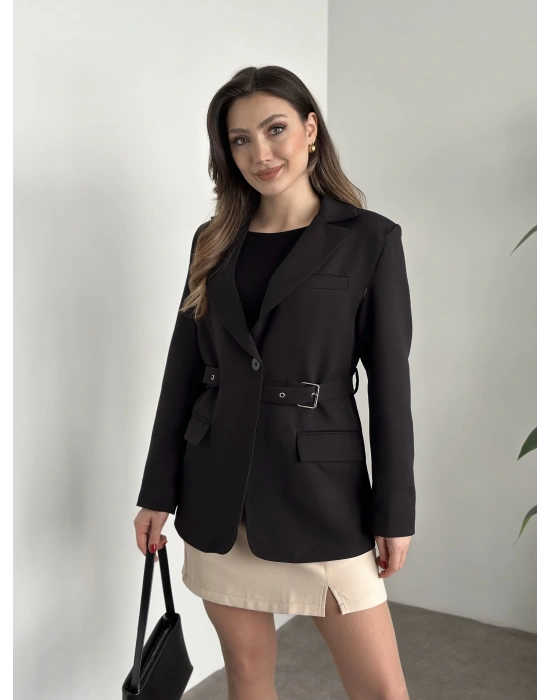 Beli kemer detaylı blazer ceket siyah