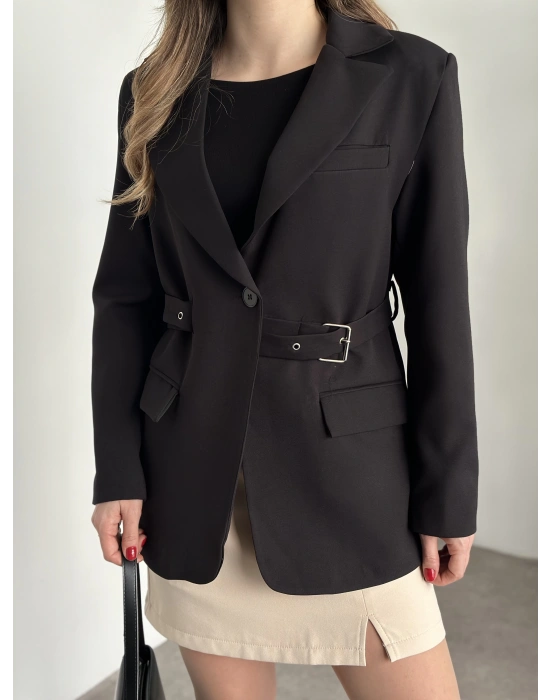 Beli kemer detaylı blazer ceket siyah